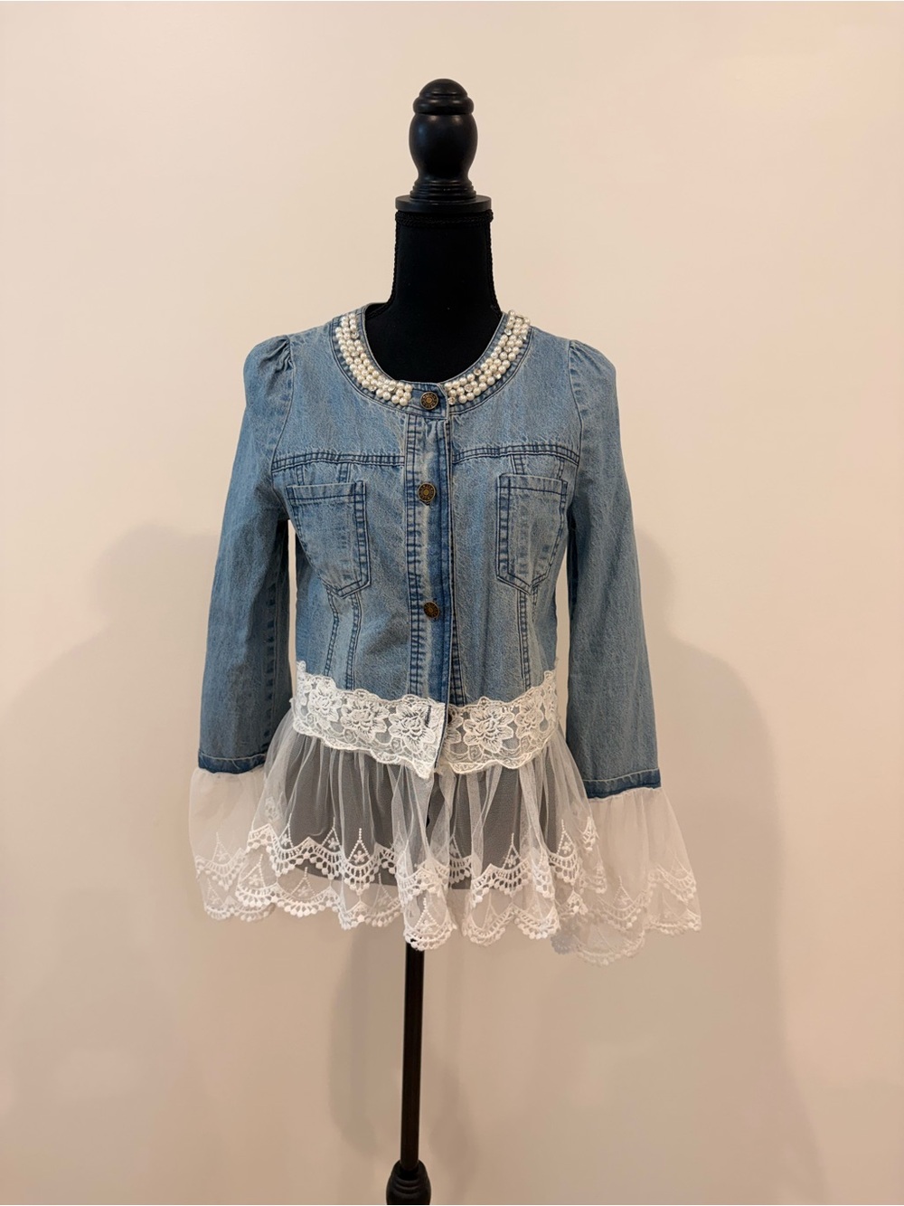Boutique Pearl Rhinestone Lace Peplum Denim Jacket Size Medium